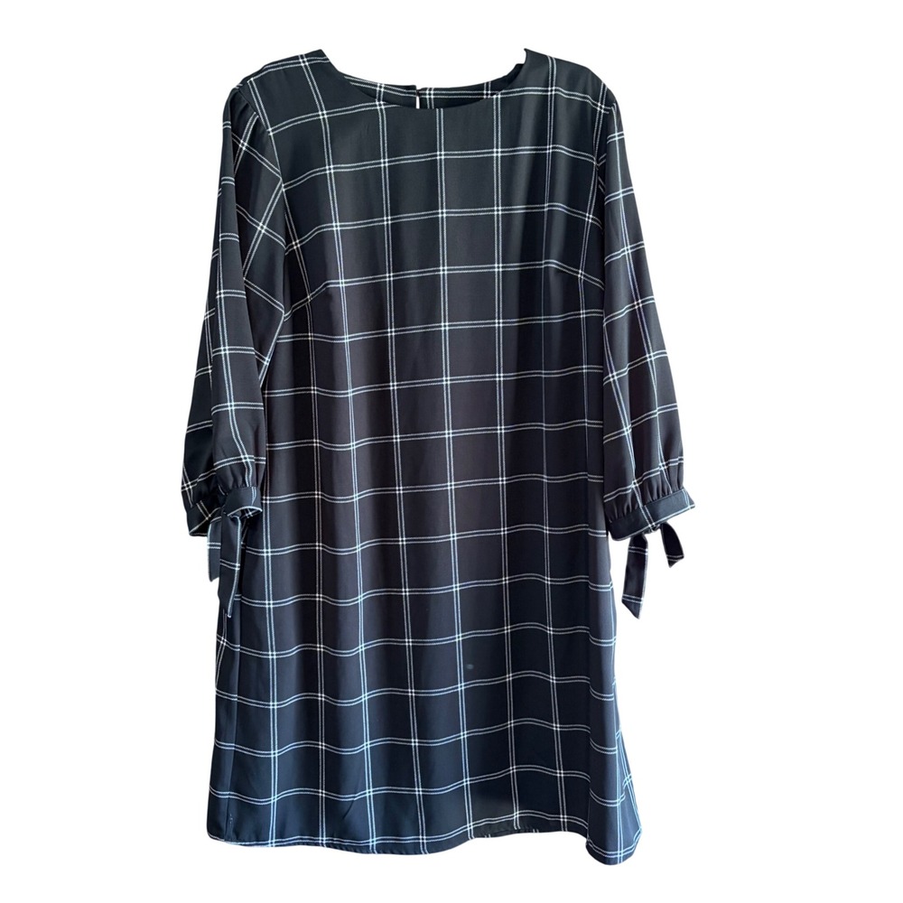 A New Day Womens Black‎ White Windowpane Plaid Tie Cuff Shift Dress Large NWT